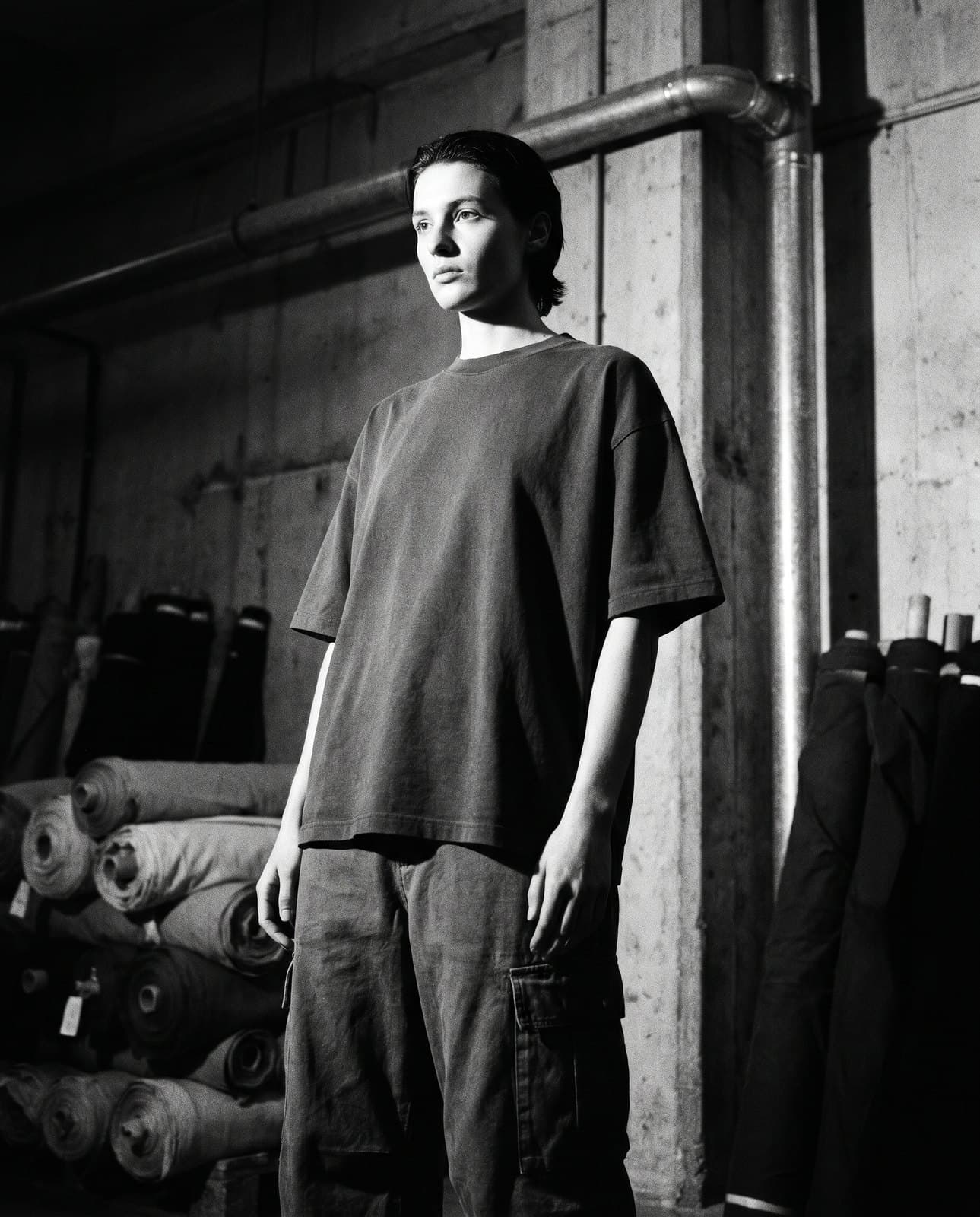 Documentary frame from the Factory Twenty One floor, standing in for a full-package / apparel project.